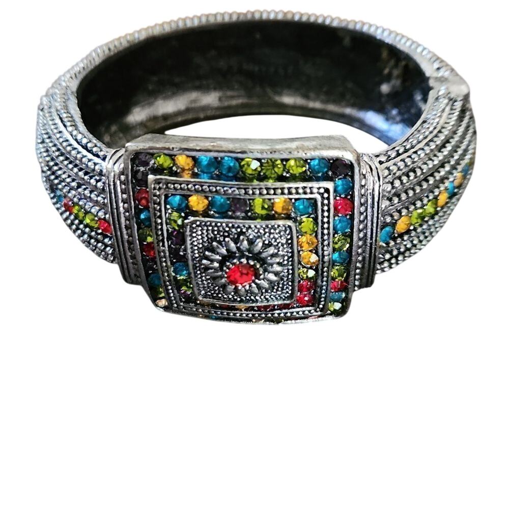 Colorful stones statement Cuff bracelet with spring hinged closure